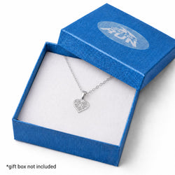 A silver heart-shaped pendant necklace displayed inside an open textured blue gift box with a white insert. The box lid has a translucent oval logo reading 'Gone For A RUN'.
