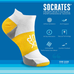 White and yellow sock with 'Suck it Up' text on a blue background, featuring Socrates inspirational sock brand text and icons.