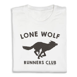 White t-shirt with black 'Lone Wolf Runners Club' graphic on a white background