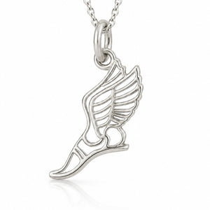 A silver wing-shaped pendant necklace on a matching chain, displayed against a clean white background with a soft reflection below.