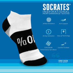White and black sock with '100%' text on a blue background, featuring Socrates inspirational sock brand text and icons.