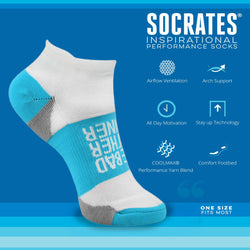 White and blue sock with 'One Bad Mother Runner' text on a blue background, featuring Socrates inspirational sock brand text and icons.