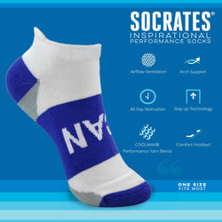 White and blue sock with 'I CAN' text on a blue background, featuring Socrates inspirational sock brand text and icons.