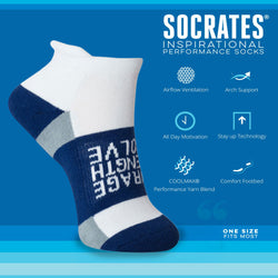 White and navy sock with 'Courage Strength Resolve' text on a blue background, featuring Socrates inspirational sock brand text and icons.