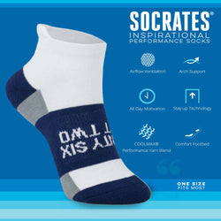 White and navy sock with '26.2' text on a blue background, featuring Socrates inspirational sock brand text and icons.