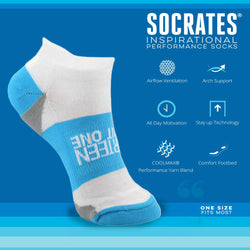White and turquoise sock with '13.1' text on a blue background, featuring Socrates inspirational sock brand text and icons.