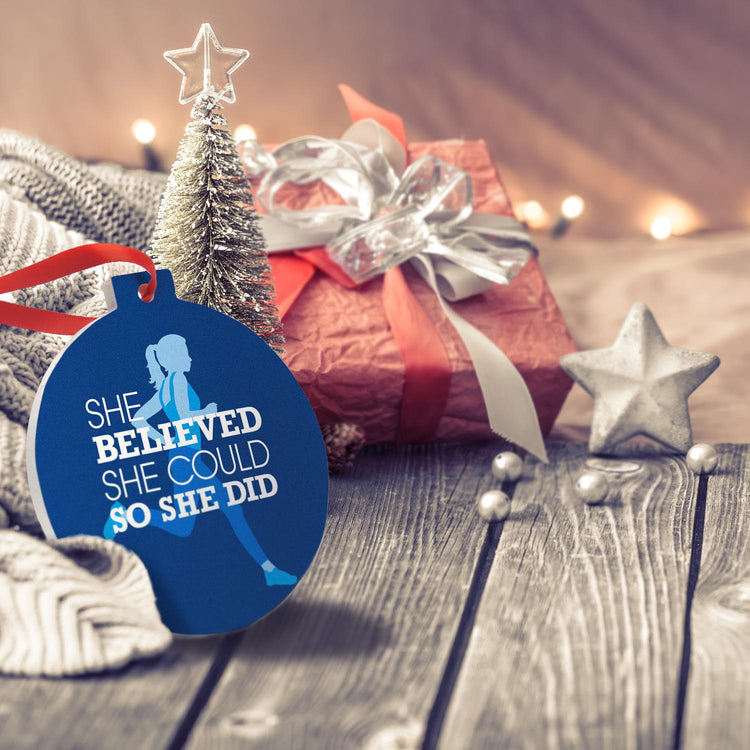 Running Round Ceramic Ornament - She Believed She Could So She Did (Blue)
