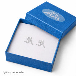 A pair of silver stud earrings shaped like a stylized running figure, displayed inside an open blue gift box with a white insert. The box lid has a translucent oval logo reading 'Gone For A RUN'.