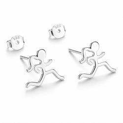 A pair of sterling silver stud earrings shaped like a running figure, shown from both the front and back on a clean white background.