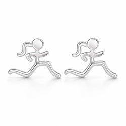 A pair of silver stud earrings shaped like running stick figures, shown on a clean white background.