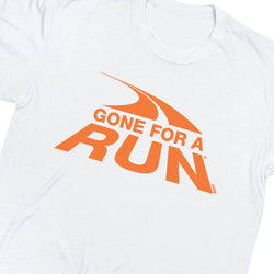 White short-sleeve crewneck t-shirt featuring a bold orange graphic on the chest that reads 'GONE FOR A RUN' with a stylized running track shape above it.