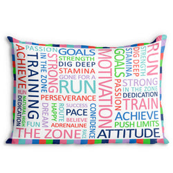 Multi-color pillowcase with motivational words for runners like Motivation, Goals, Passion, Achieve, Push Limits, Attitude, Dig Deep