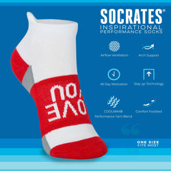 White and red sock with 'Love You' text on a blue background, featuring Socrates inspirational sock brand text and icons.