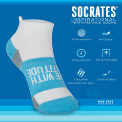 White and turquoise sock with 'Live with Gratitude' text on a blue background, featuring Socrates inspirational sock brand text and icons.