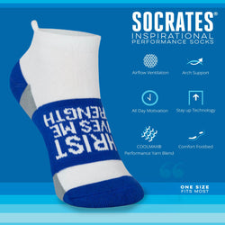 White and blue sock with 'Christ Gives Me Strength' text on a blue background, featuring Socrates inspirational sock brand text and icons.