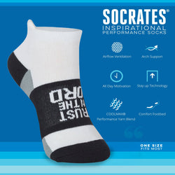 White and black sock with 'Trust the Lord' text on a blue background, featuring Socrates inspirational sock brand text and icons.