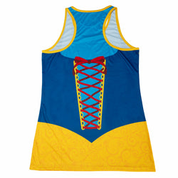 Blue and yellow tank top with red lacing on a white background