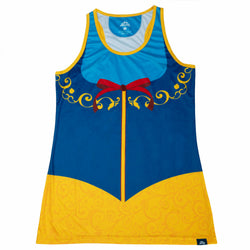 Blue and yellow tank top with decorative elements on a white background