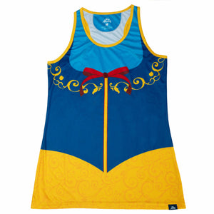 Blue and yellow tank top with decorative elements on a white background