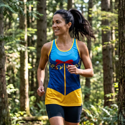 Woman running in a forest wearing a colorful athletic outfit.