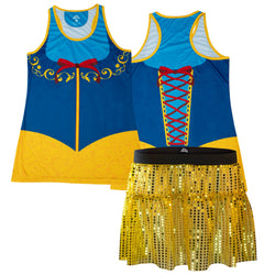 Blue and yellow costume tanktop with a sequin skirt on a white background