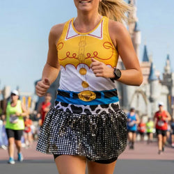 A woman running in a race wearing a cowgirl-inspired tank top and a black-sequined tutu skirt. The background shows a blurred outdoor scene with other runners and castle architecture.