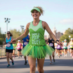 Woman in a green running outfit with 'Powered by Pixie Dust' text at a race.