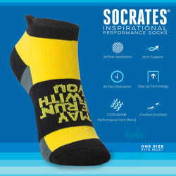 Yellow and black sock with 'May the Run Be With You' text on a blue background, featuring Socrates inspirational sock brand text and icons.