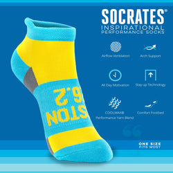 Blue and yellow sock with 'Boston 26.2' text on a blue background, featuring Socrates inspirational sock brand text and icons.