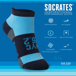 Blue and navy sock with 'NYC 26.2' text on a blue background, featuring Socrates inspirational sock brand text and icons.