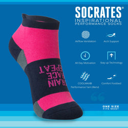 Navy and pink sock with 'TRAIN RACE REPEAT' text on a blue background, featuring Socrates inspirational sock brand text and icons.