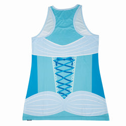 Blue tank top with lace-up front design on a white background