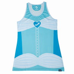Blue tank top with white accents and a heart-shaped shoe design on a white background
