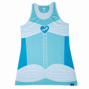 Blue tank top with white accents and a heart-shaped shoe design on a white background