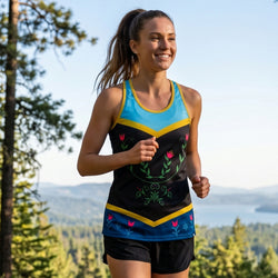 Woman running outdoors in a tanktop with a scenic background