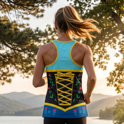 Person wearing a colorful tank top with floral design outdoors