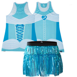 Blue tank top with white accents and a sequin skirt on a white background