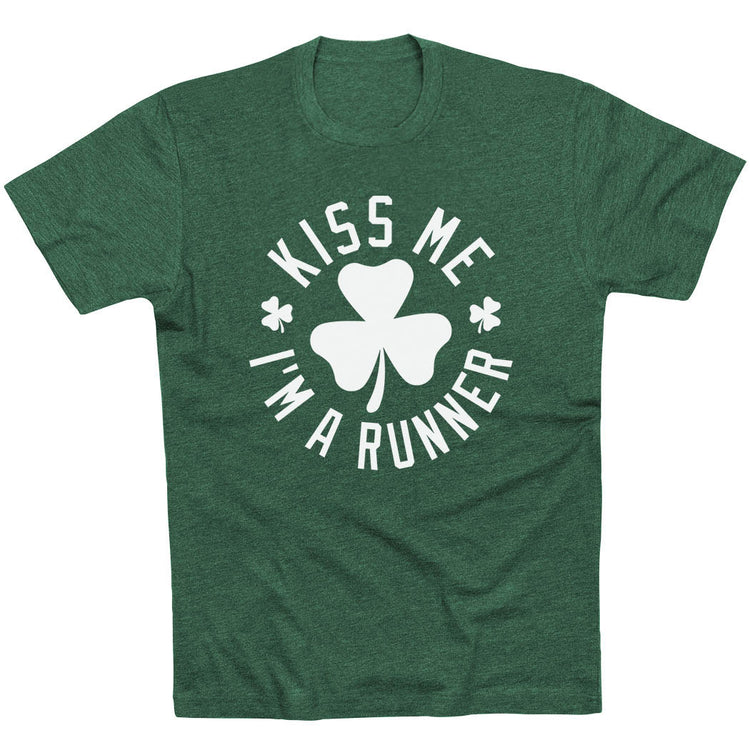 Running Short Sleeve T-Shirt - Kiss Me I am a Runner Shamrock [Adult Large/Forest Green] - SS