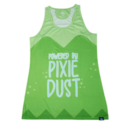 Green tank top with 'Powered by Pixie Dust' text on a white background