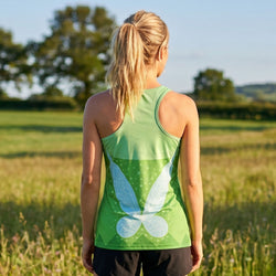 Person wearing a green tank top with a fairy design in a field