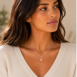 A woman wearing a delicate silver necklace with a small star pendant, styled with a cream-colored ribbed V-neck sweater.