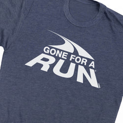 Close up of a navy short sleeve tee with the logo Gone For a Run in white
