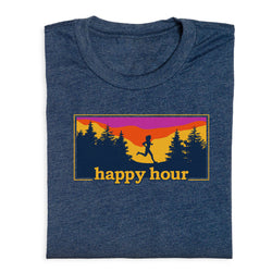 Blue t-shirt with 'happy hour' graphic design featuring a silhouette of a person running and trees.