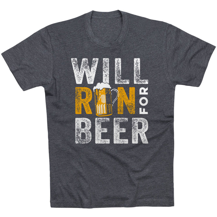 Running Short Sleeve T- Shirt - Will Run For Beer [Adult Small/Charcoal] - SS