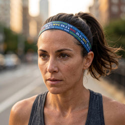 Woman wearing a headband with 'NYC Run' text on a city street.