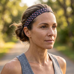 Woman wearing a wine patterned headband outdoors with a blurred natural background