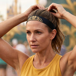 Woman adjusting her headband outdoors with a blurred background