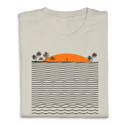 Beige t-shirt with a graphic of a sunset, palm trees, and wavy lines on a white background