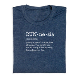 Blue t-shirt with white text on a white background
