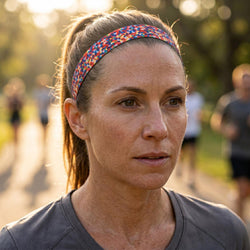 Woman with a colorful headband outdoors, possibly during a run or exercise session.